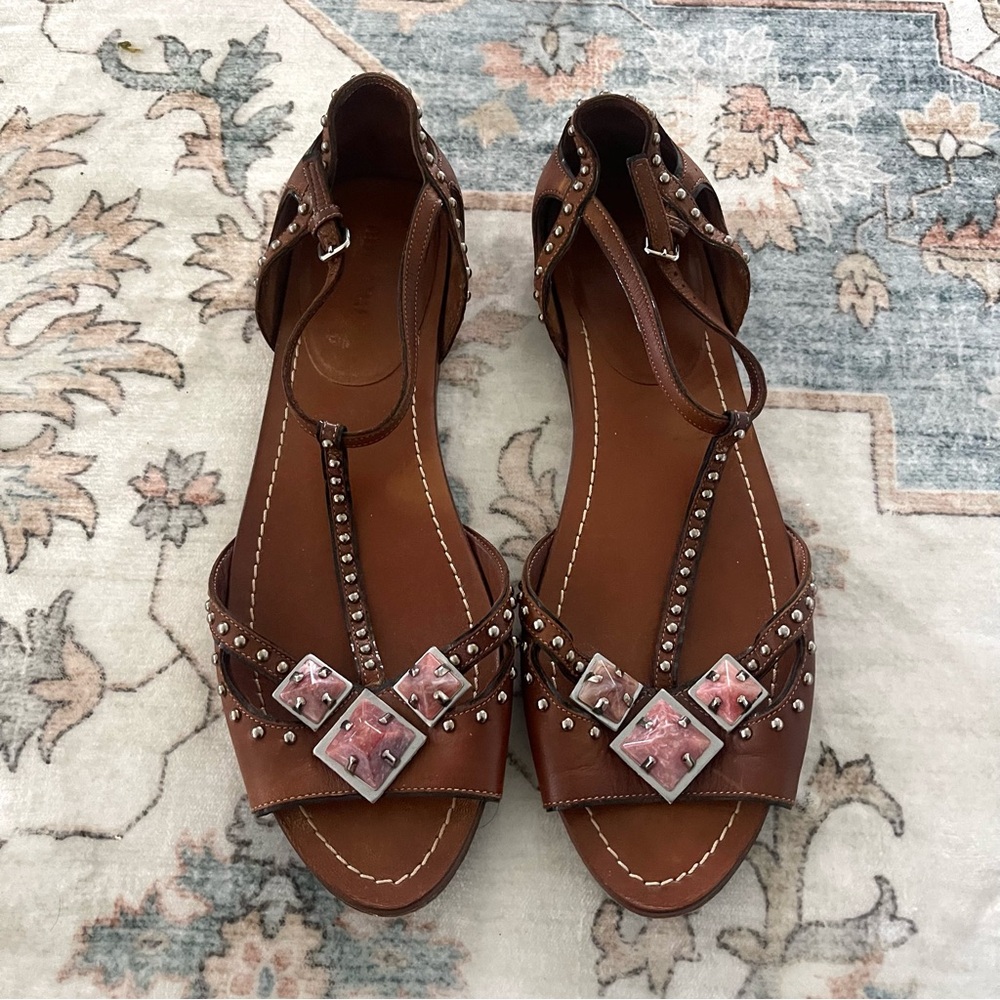 Miu Miu Bejeweled T-Strap Brown Leather Sandals